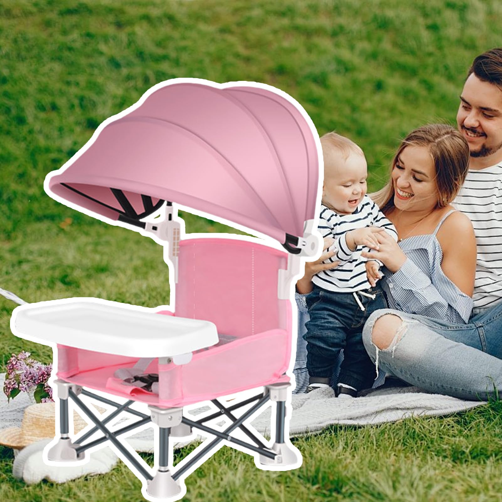 Seggiolino Pieghevole Per Bambini, Seggiolino da Viaggio con Vassoio per Pasti, Sedia Pieghevole Per Bambini Con Parasole Per Spiaggia Giardino Casa Campeggio Picnic Esterno