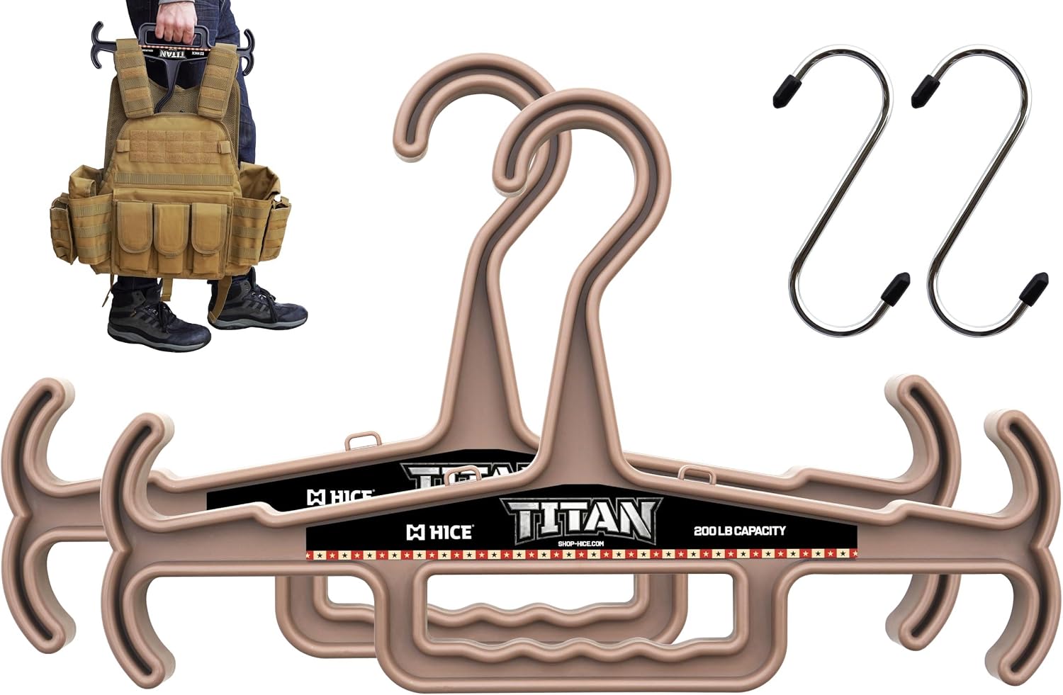 HICE - Titan Vest Hanger | Original Heavy Duty Plate Carrier & Body Armor Hanger | 200 lb Load Capacity | Durable High Impact Resin | for Police, Military, Scuba & Tactical Gear (Tan, Set of 2)