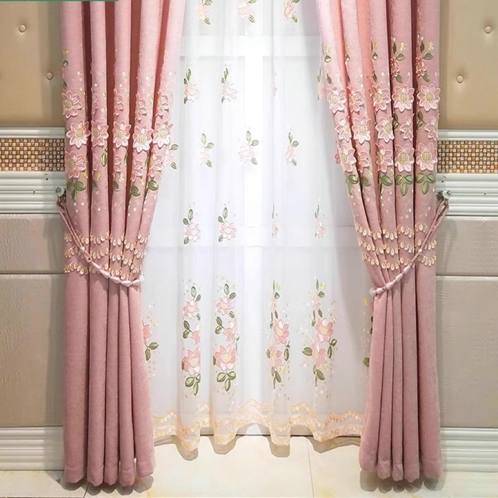 Beydodo Rideaux Occultant Salon, Rideau Chambre Decoratif 86x160 a Crochet, Rose avec Fleurs Et Feuilles Brodées Lot de 2, Chenille