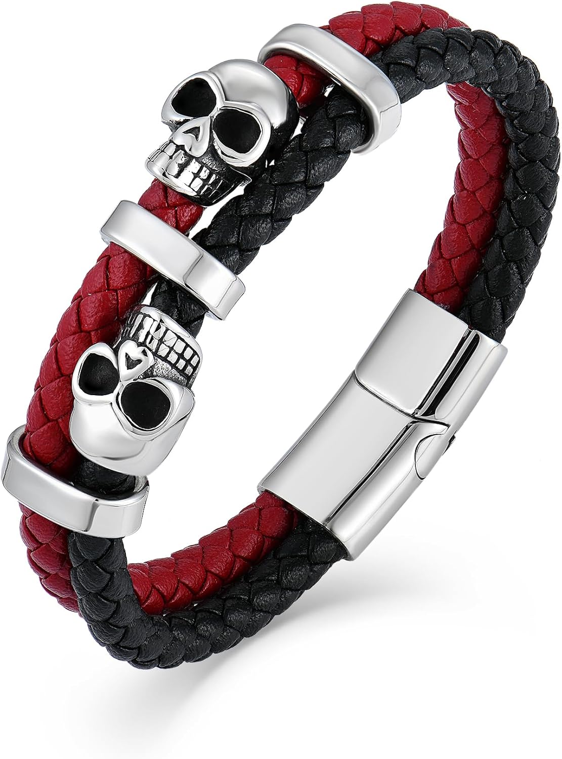 Mens Skull Double Row Leather Bracelet, Black or Silver Skull Braided Bracelet for Men, Mens Punk Jewelry