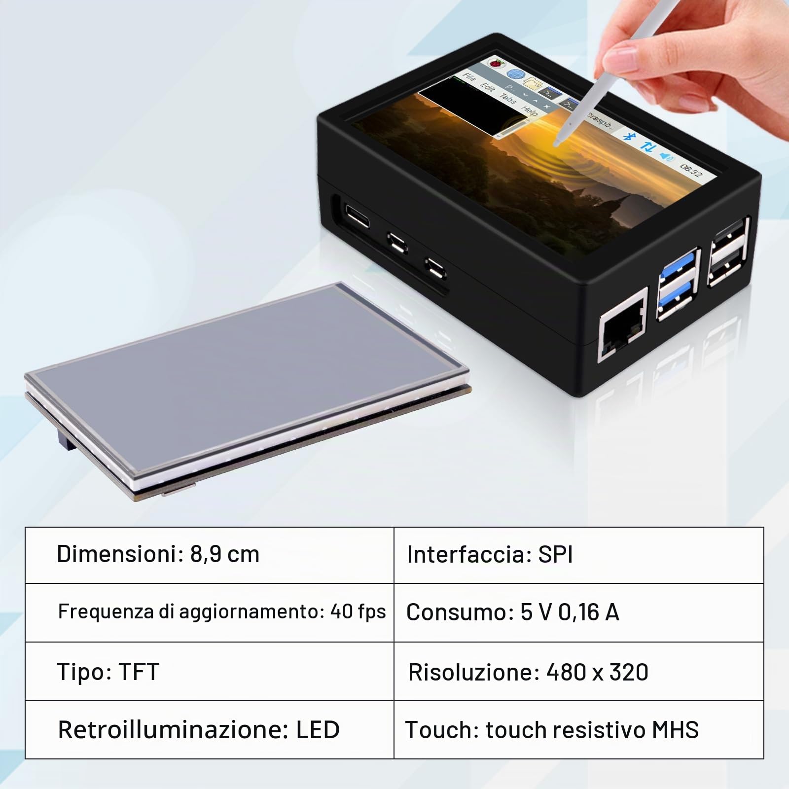 GeeekPi Display per Raspberry Pi 5, Touchscreen da 3,5 Pollici con Custodia, Monitor LCD TFT 480x320 60 fps e Dispositivo di Raffreddamento Attivo Ufficiale