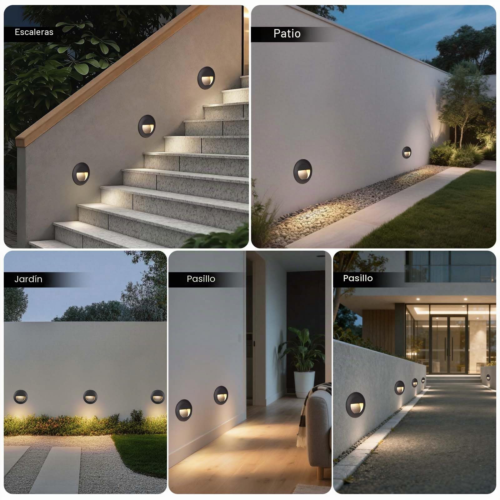 Iluminación de Escalera 5W 500lm 6-Pack, Lámparas LED 230V 3000K, IP65 Luz de Pared Empotrada 85x85mm
