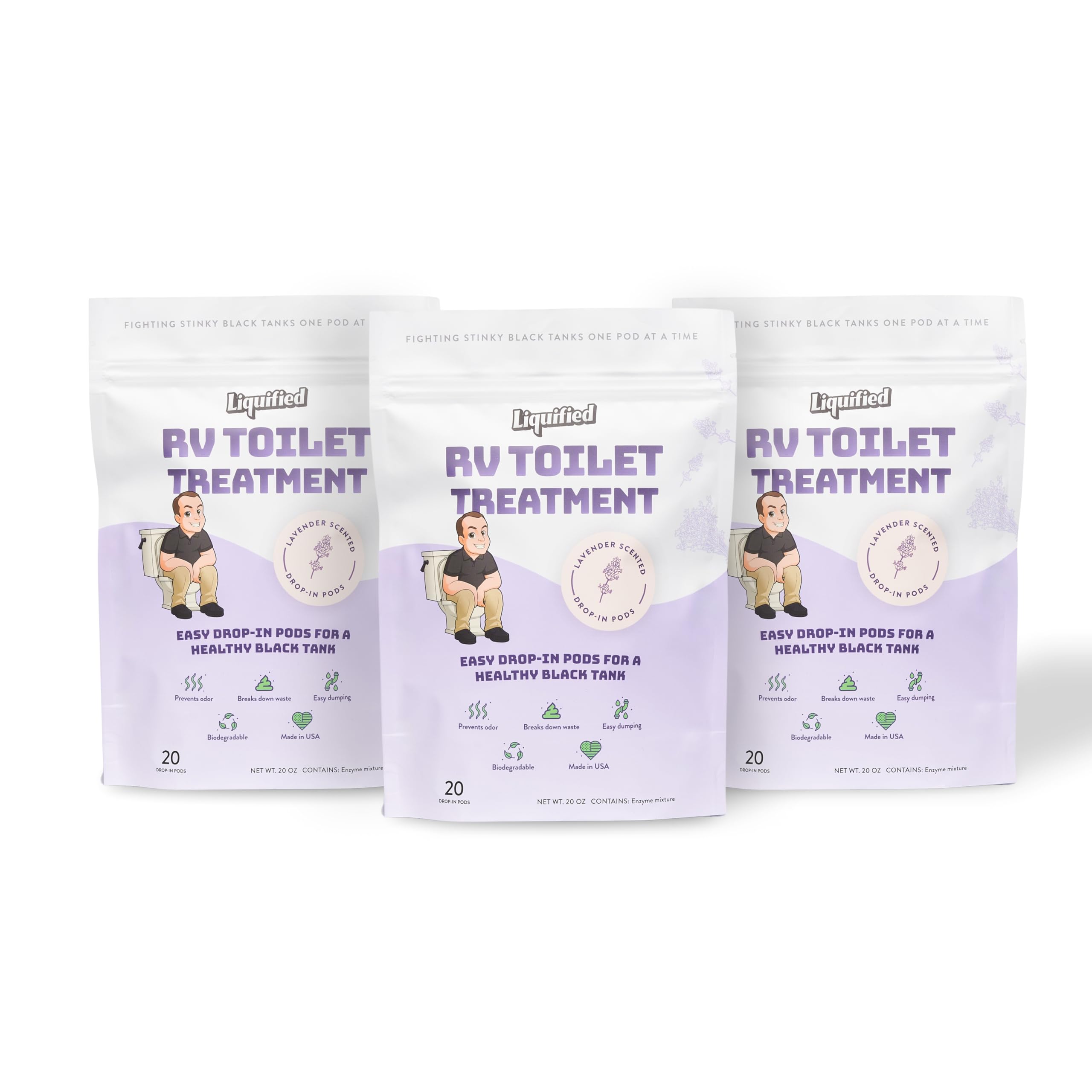 Liquified RV Toilet Treatment Drop-Ins Bundle - Breaks Down Waste and Tissue - Septic Tank Safe - Matts RV Reviews (Lavender, 20 Count, Pack of 3)