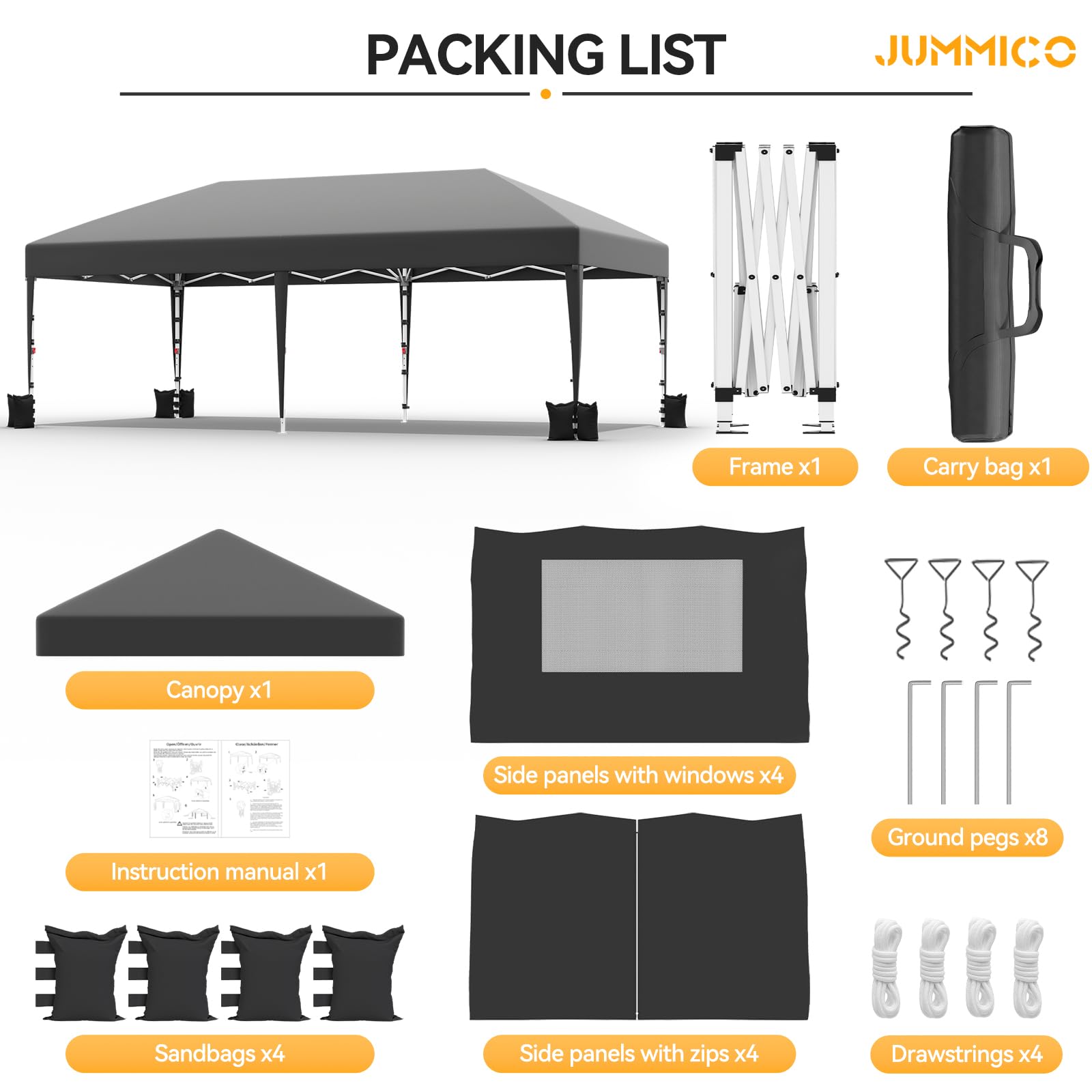JUMMICO Gazebo 3x6 Pieghevole Impermeabile｜Zanzariera Arieggiata Anti-Insetti｜Robusto, Durevole, Impermeabile e Anti-UV｜Installazione e Rangement Rapidi｜Ideale per Cortile, Campeggio e Altro｜Grigio
