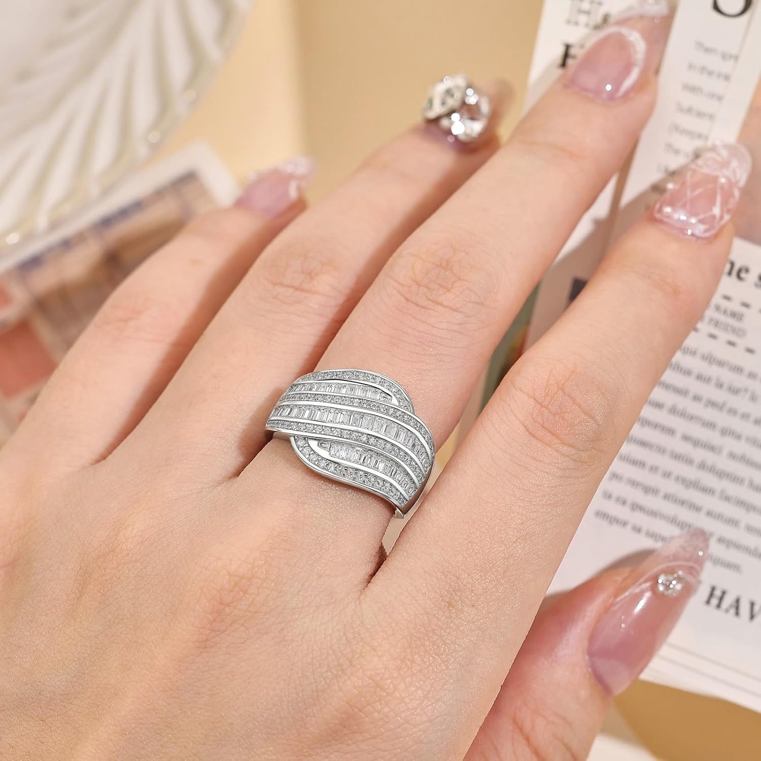 SHELOVES Moissanite Wide Wedding Bands For Women Baguette Cut Multi-Row Anniversary Wave Ring White Gold Plated Silver Sz 5-10