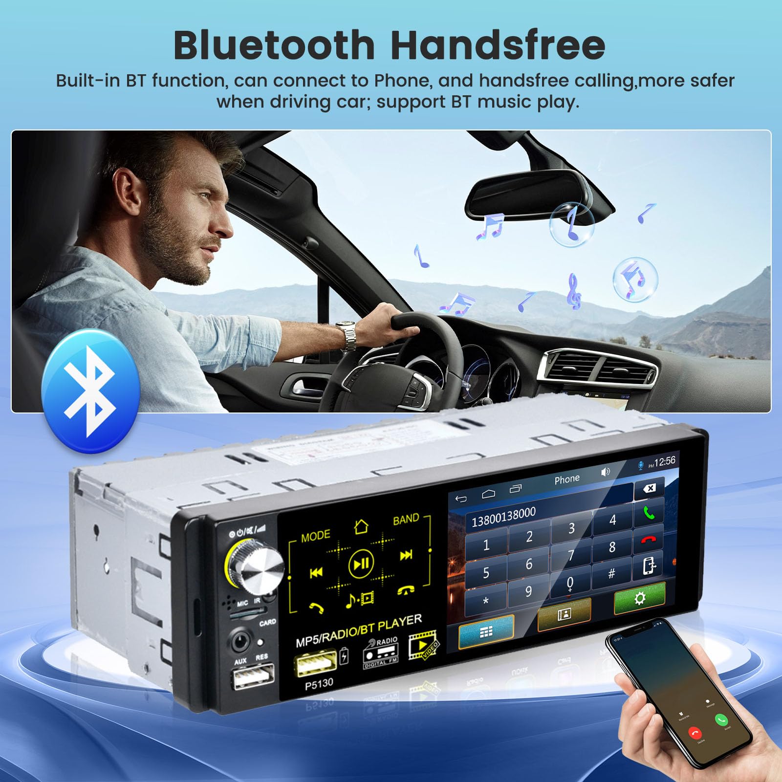 Hikity RDS 1 DIN Radio de Coche Bluetooth FM Am, Pantalla Táctil 4,1 Pulgadas Estéreo Radio para Coche con USB, Puerto SD, AUX-in, SWC, Cámara Trasera