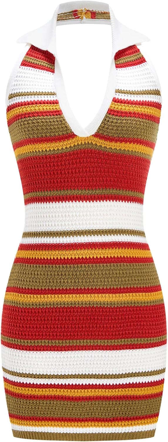Women's Striped Crochet Halter Mini Dress Backless Bodycon Y2k Party Dresses Beach Vacation Clothes
