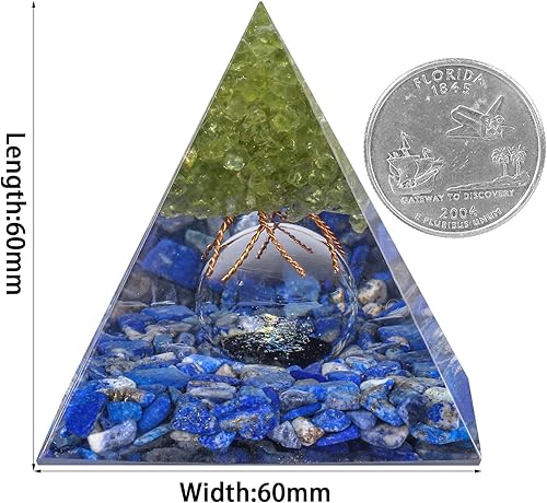 Miniatura 3 de mookaitedecor Pirámide de orgón de árbol de la vida de peridoto con piedras pulidas de lapislázuli y bola de cristal de cristal, generador de
