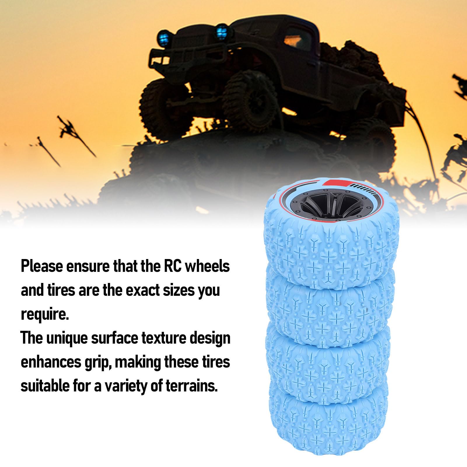 Drfeify 4pcs Échelle Hors Route Pneus 12 Mm Hex Rc Roues Crawler Roues Pneus Set Accessoires pour 1/14 1/16 Rc Voiture (Blue)
