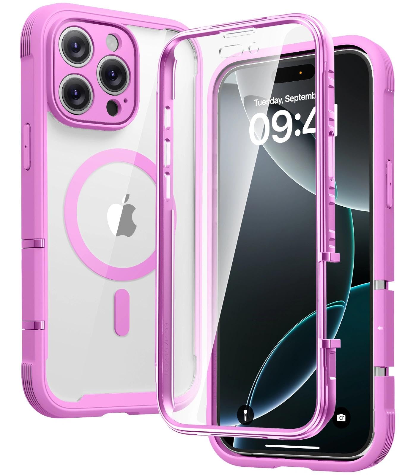 Diaclara Magnetic for iPhone 16 Pro Case with Screen Protector,Black,Fuchsia Pink