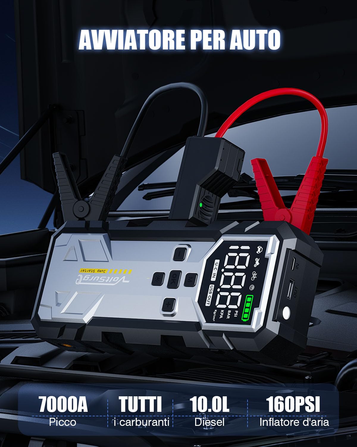 7000A Booster Avviamento Auto con Compressore 160PSI, VoltSurge Avviatore Emergenza per Auto (Fino a ALL Gas/10.0L Diesel), 12V Starter Batteria con Torcia