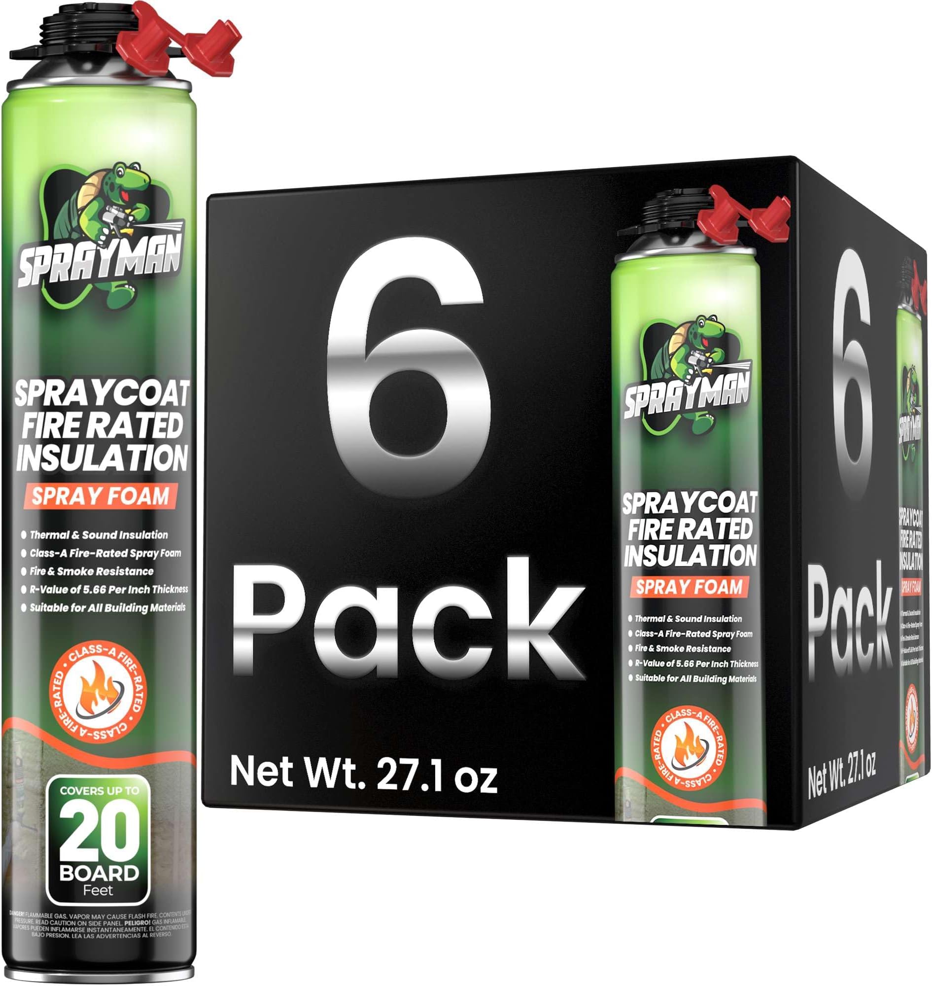 Sprayman Spraycoat Fire Rated Spray Foam Insulation 120 Sq.Ft. - R-Value (11.32 / 2in) Closed Cell Polyurethane Foam Sealant for Heat & Noise Insulation - Gun & Cleaner NOT Included - 27.1 oz, 6 Pack