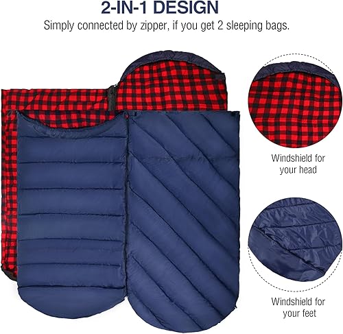 Vista 28 de REDCAMP Saco de dormir de franela para adultos, cómodos sacos de dormir de algodón para acampar con capucha desmontable, rojo/gris/azul