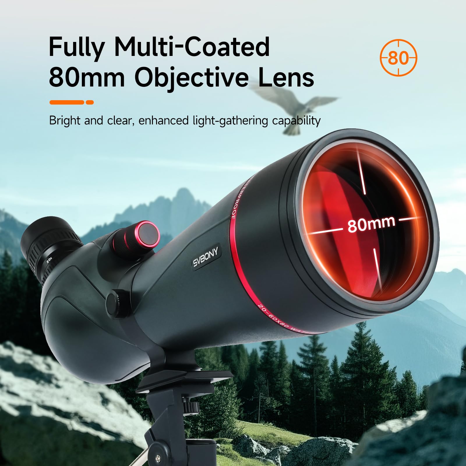 Svbony SV406 20-60x80 mm Luneta Obserwacyjne, HD FMC BAK4, Podwójne Skupienie, 1,25'' Wyjmowany Okular, IPX7 Wodoodporny, ze Statywem, Torba, do Obserwacji Ptaków, Dzikich Zwierząt, Krajobraz