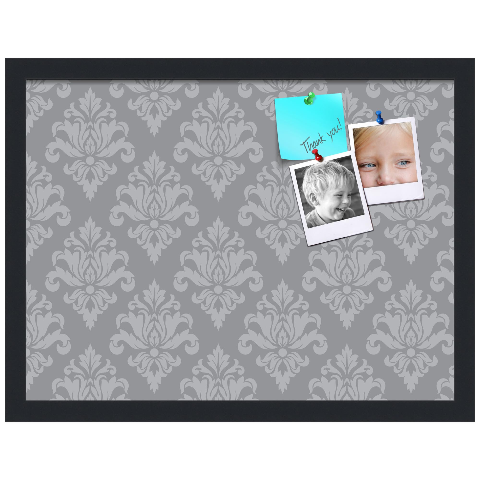 PinPix 20x15 inch Cork Bulletin Board. This Decorative Framed Pin Board Comes with Damask Ash Design and Satin Black. Ideal for Home, Office Decor or