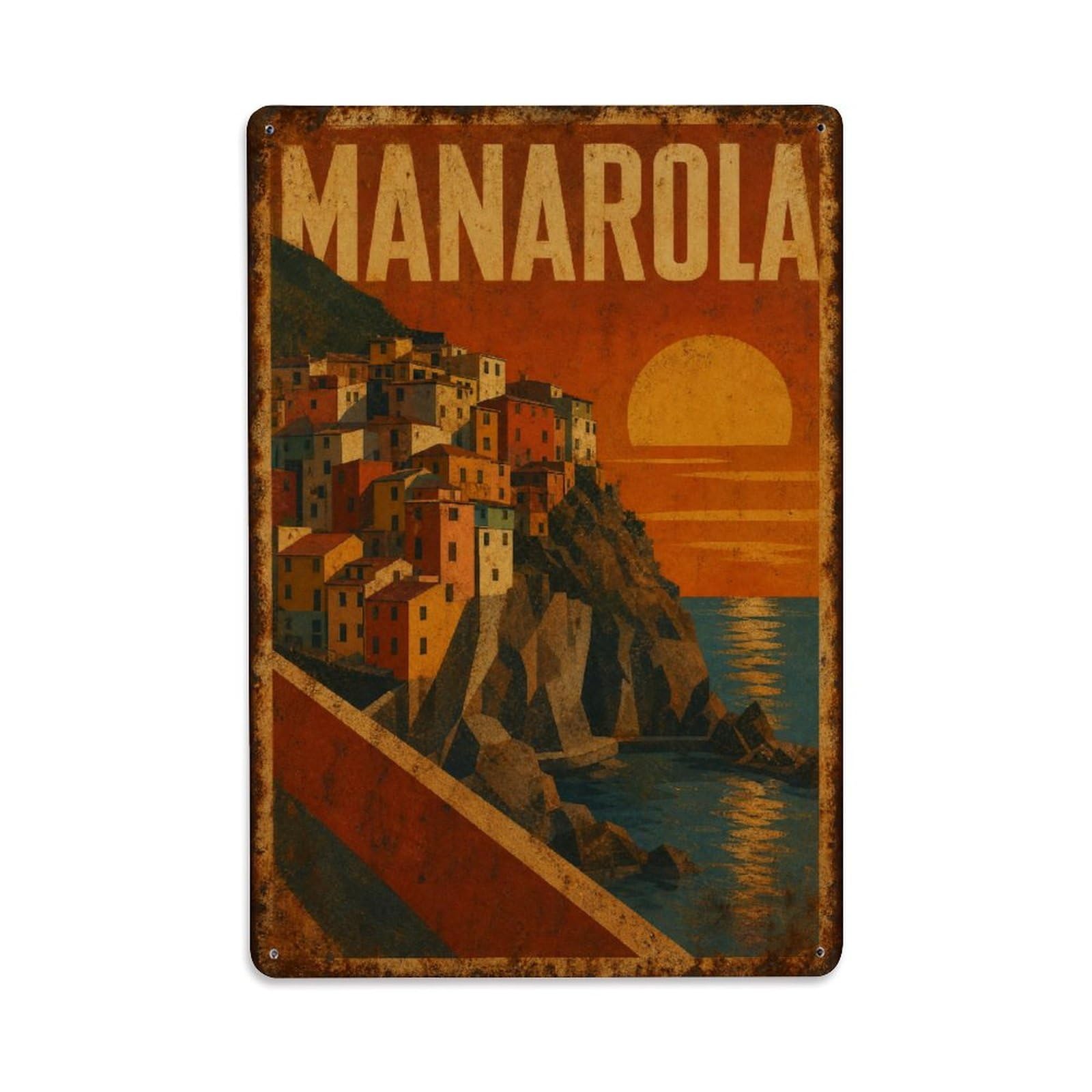 Huiyhb 8X12inch(20X30cm) Vintage Travel Manarola Sunset Mediterranean Coast Italy Metal Tin Sign