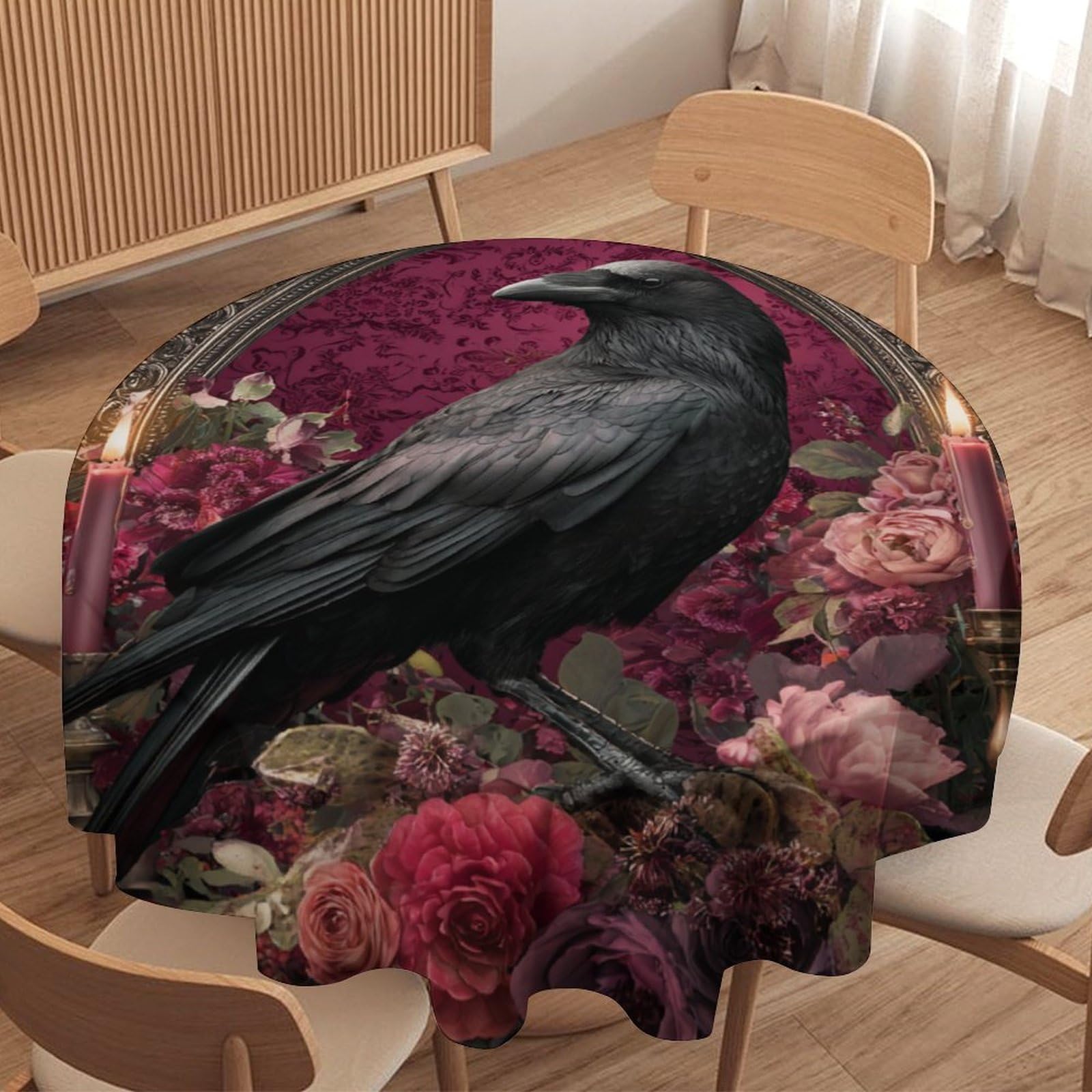 LUYYSKY Retro Classic Animal Crow Waterproof Round Tablecloth Gothic Aesthetic Halloween Plant Roses Flowers Crow Skull Skeleton Washable Table Cover for Kitchen-152.4" Wx152.4 L cm
