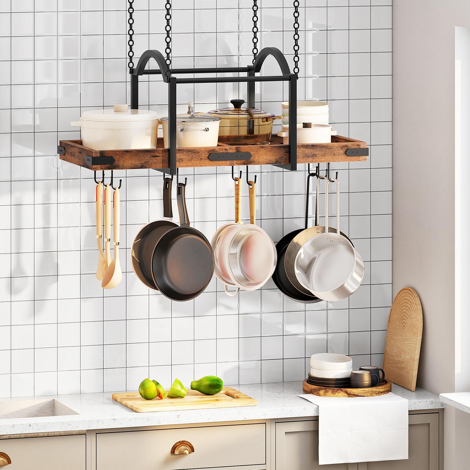 HOOBRO Topfdeckelhalter, hängendes Topfregal, Küchenregal mit 10 S-Haken, Deckenmontiertes Topf Organizer, Hängeregal mit Bogenrahmen für Töpfe und Küchenutensilien, Pfannenhalter für Küchen EBF80TL01