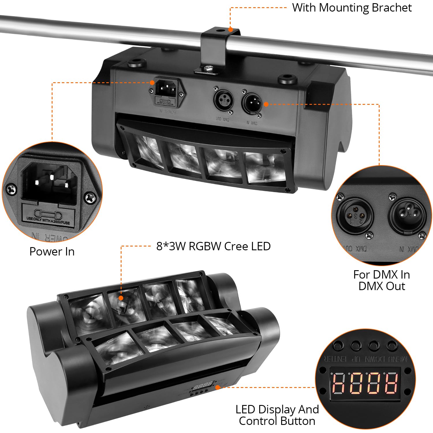 QWORK Spider, luci da DJ a testa mobile, 8 x 3 W RGBW, fascio di luce a 540 gradi, asse XY con 4 modalità di illuminazione, DMX512 attivata dal suono, per discoteca, karaoke, feste, palcoscenico