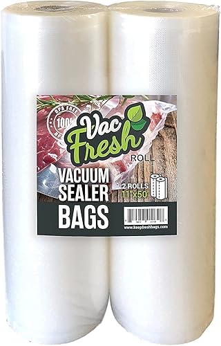 Vac Fresh Food - Rollos selladores al vacío (2, 11 pulgadas x 50 pies) bolsas de almacenamiento de alimentos en relieve de 3.5 mil, bolsas de