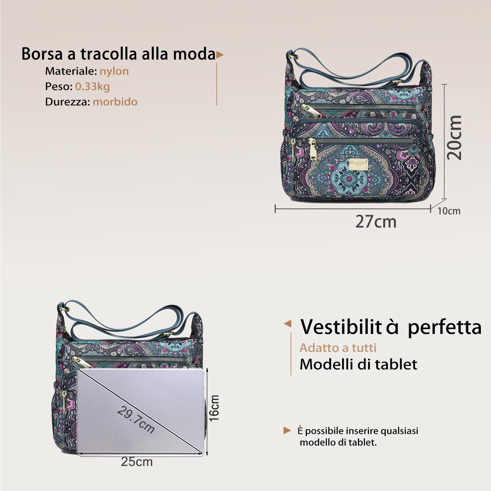 CORIOS Borse Messenger da Donna in Nylon Stampa Bohemien Borsa a Tracolla Borsa a Mano con Fibbia Regolabile Stile Boho Borsa a Spalla Retro Tote per Vacanza Spiaggia Viaggio Coda di Fenice Nera