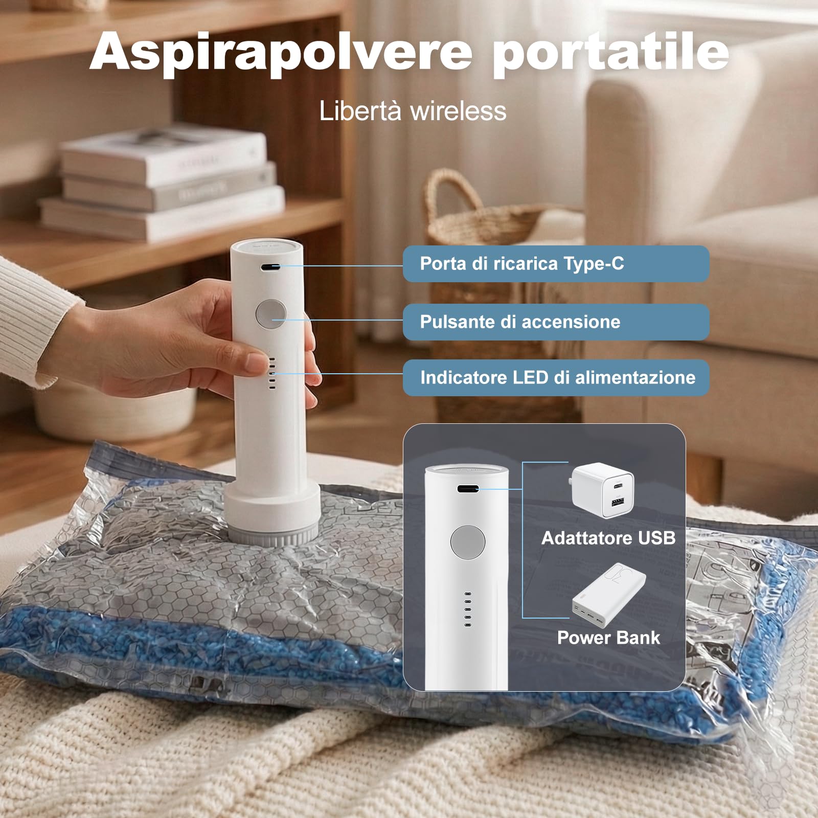 Sacchetti Sottovuoto Vestiti con Pompa Elettrica Wireless 2x40x50cm, 2x40x60cm, 2x50x60cm,Carehabi Buste Sottovuoto Salvaspazio per Valigia, Sacchi Sottovuoto Piumoni e Vestiti da Viaggio, USB-C