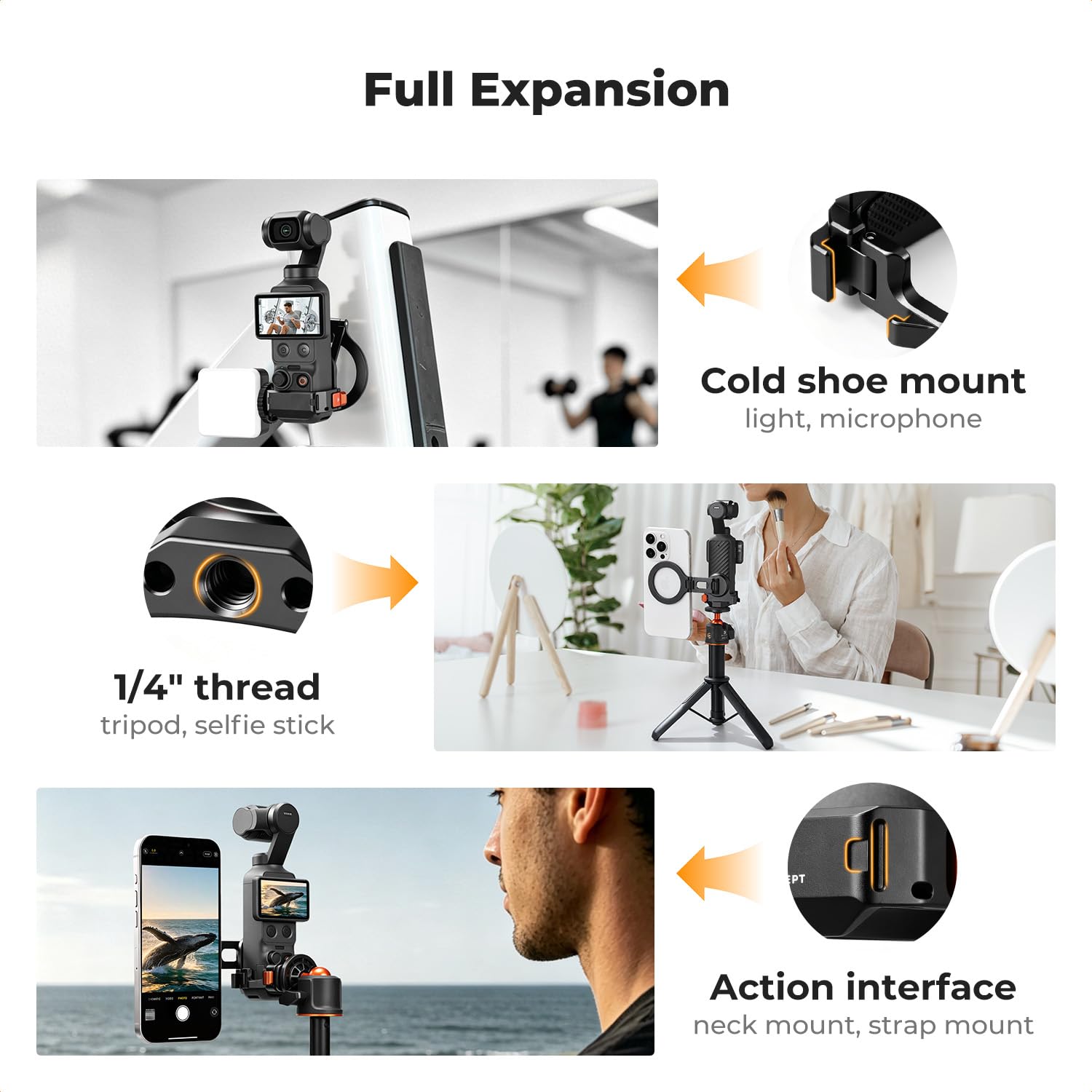 K&F CONCEPT PP62 Cornice Estensibile Magnetica per DJI Osmo Pocket 4/3, Rig Compatibile MagSafe in Lega di Alluminio CNC con Filettatura 1/4" e Slitta a Freddo, Adatta alla Custodia Originale