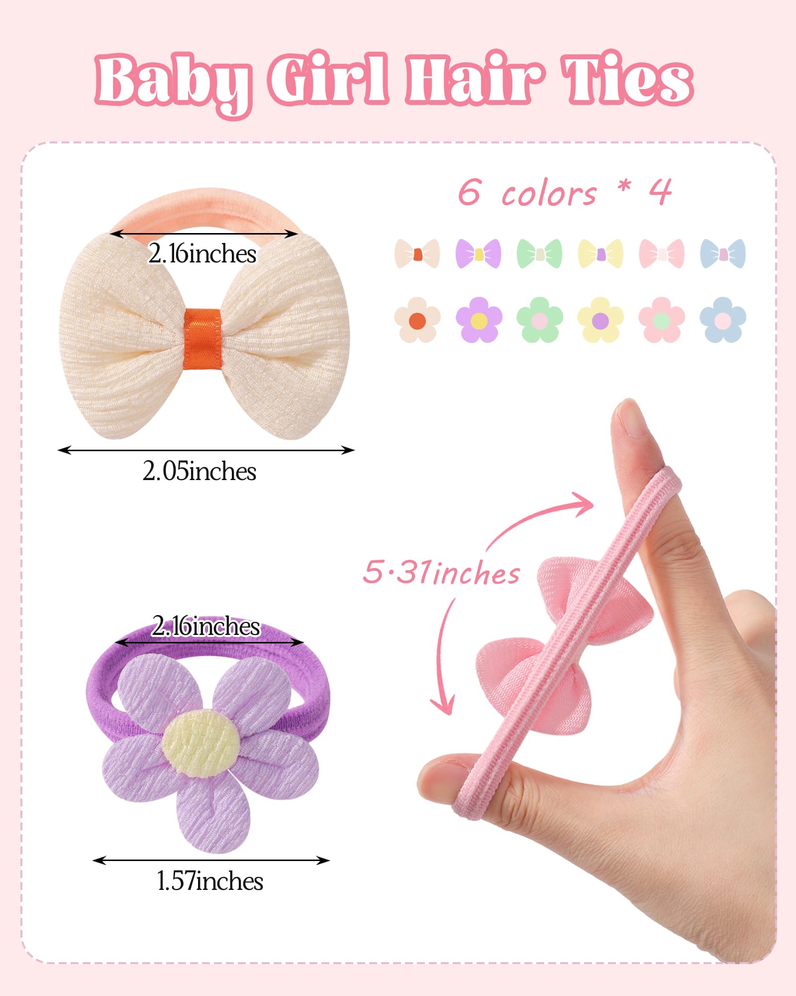 24 Pcs 2" Baby Hair Bobbles Toddler Hair Accessories Candy Colors Baby Hair Tie Cute Bows and Flowers Elastic Scrunchies - Image 2
