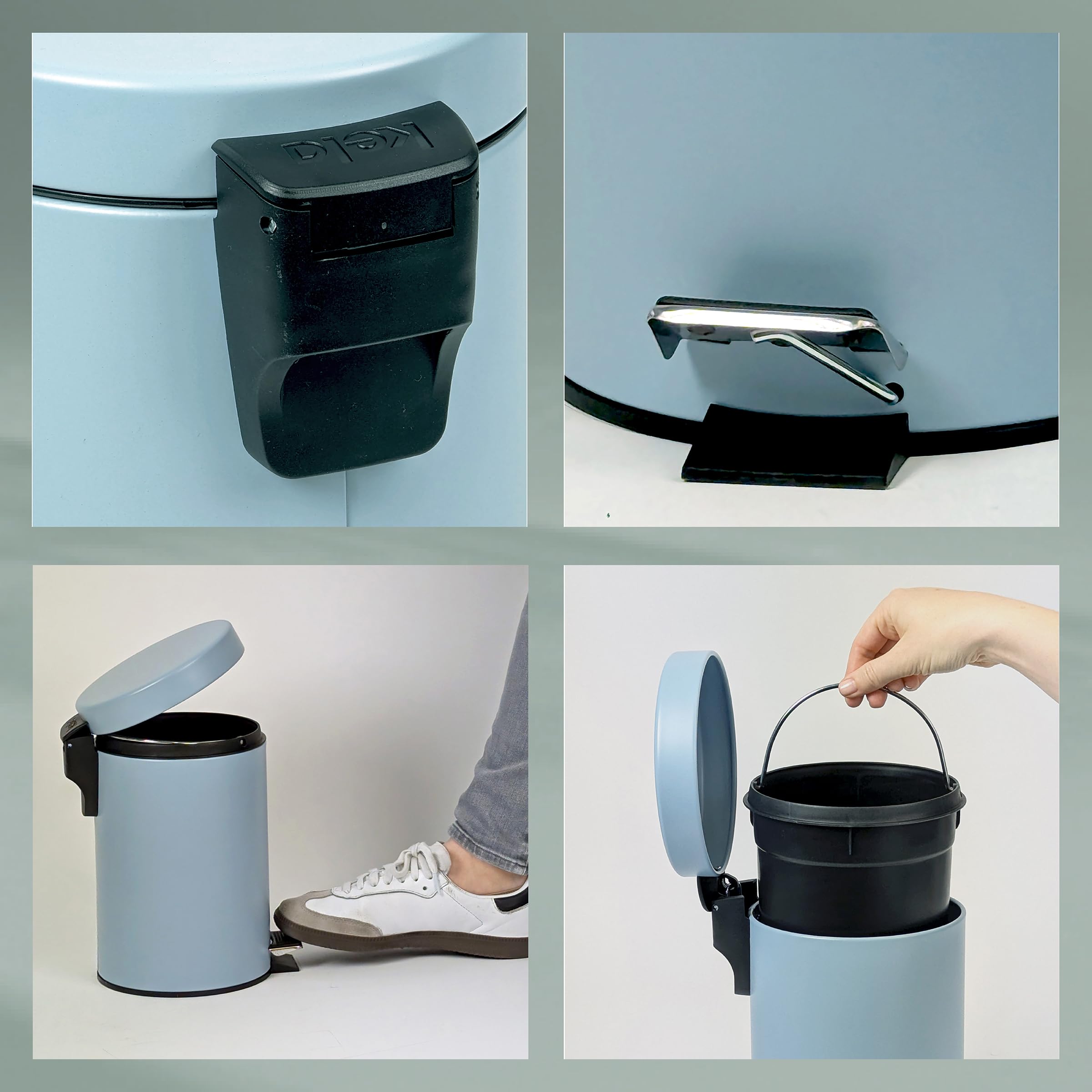 kela Cubo para cosméticos azul 3 l, cubo de basura con pedal de metal para el baño, cubo de basura para el baño con cubo interior y asa de transporte, MONACO, azul hielo mate