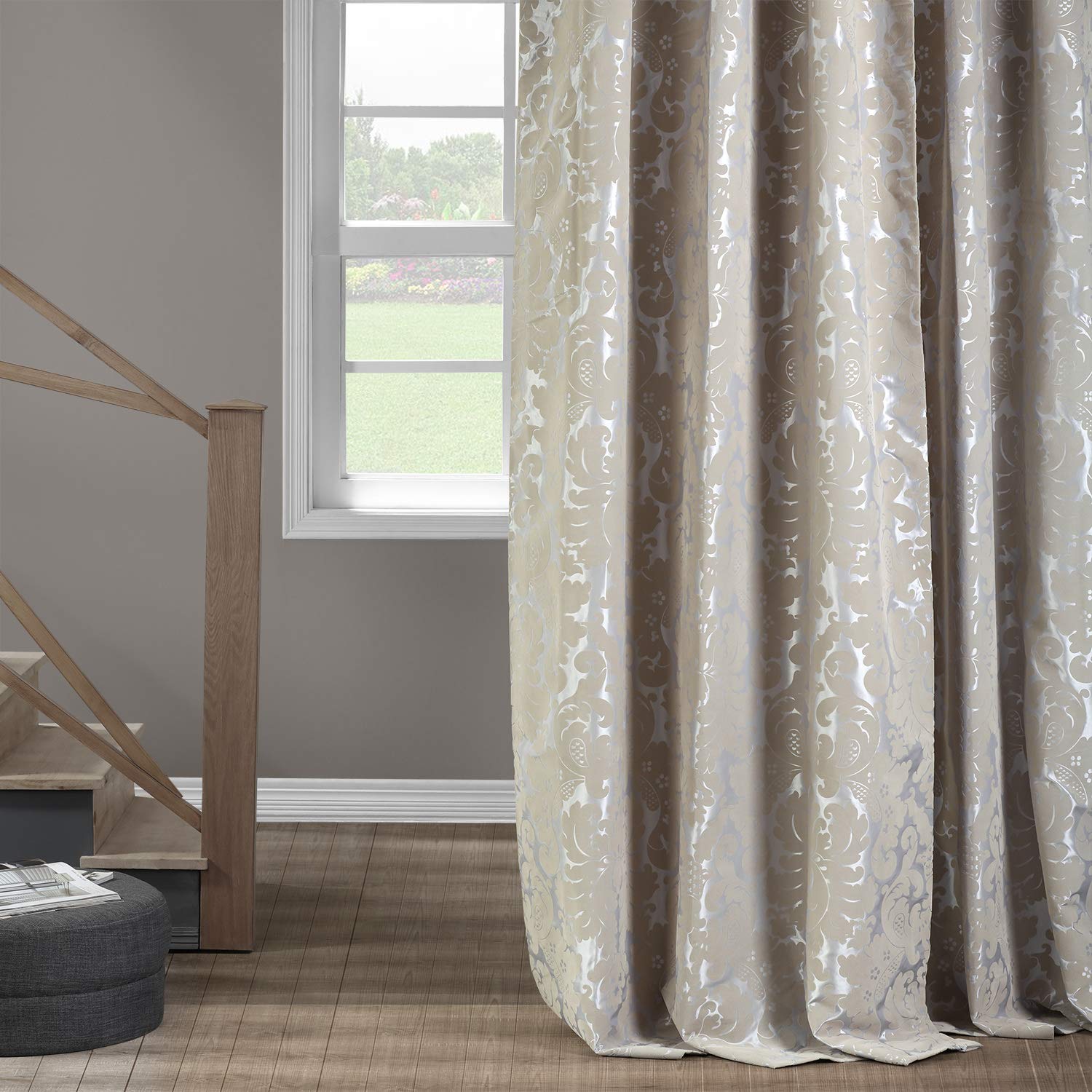 HPD Half Price Drapes Designer Flocked Curtain (1 Panel), Polyester/NylonSynthetic, Gwendolyn Grey & Gold, 50 X 108