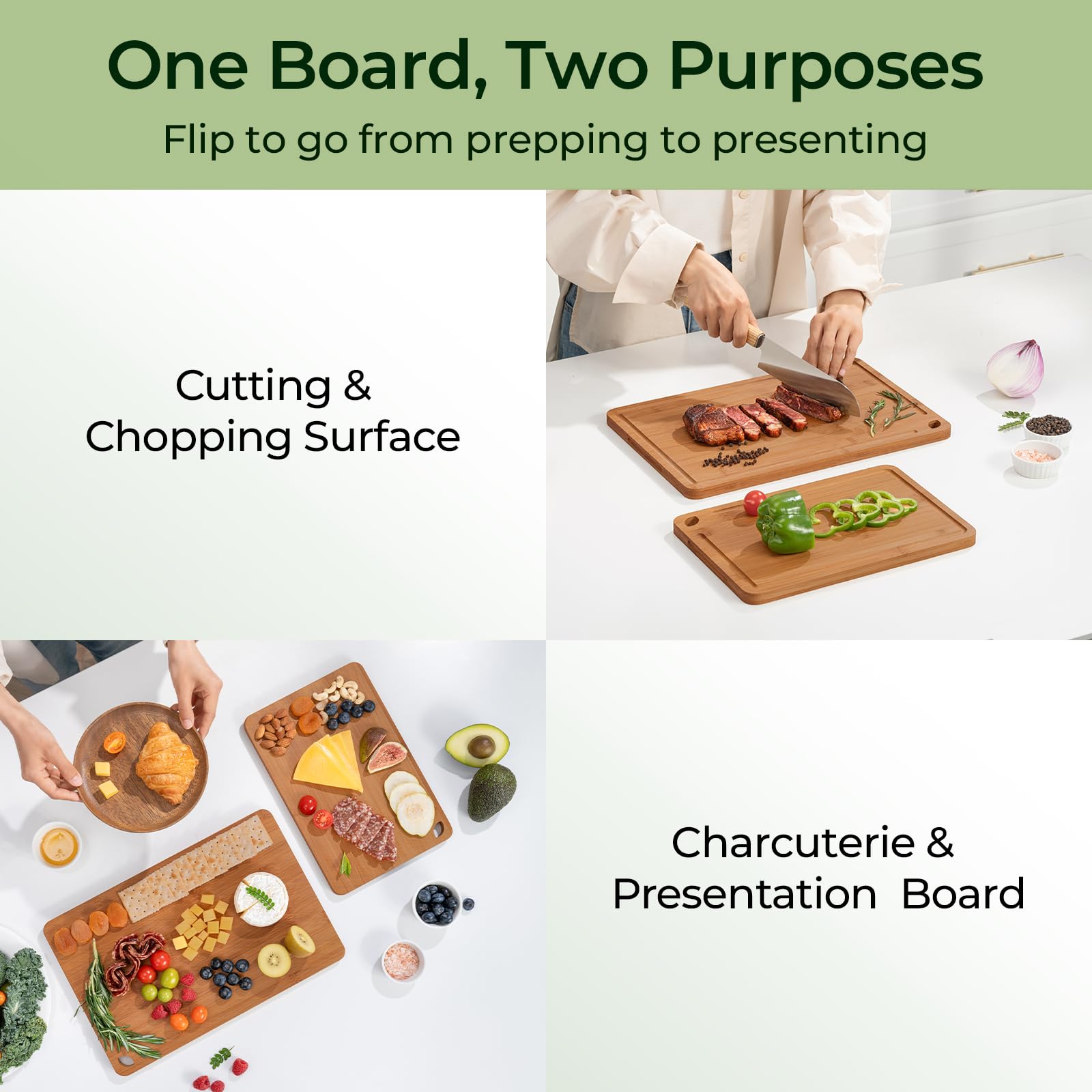Tabla de cortar de madera para cocina, tabla de cortar de bambú, tablas de cortar de madera duraderas para cocina con ranuras profundas para jugo y asas integradas (L+M)