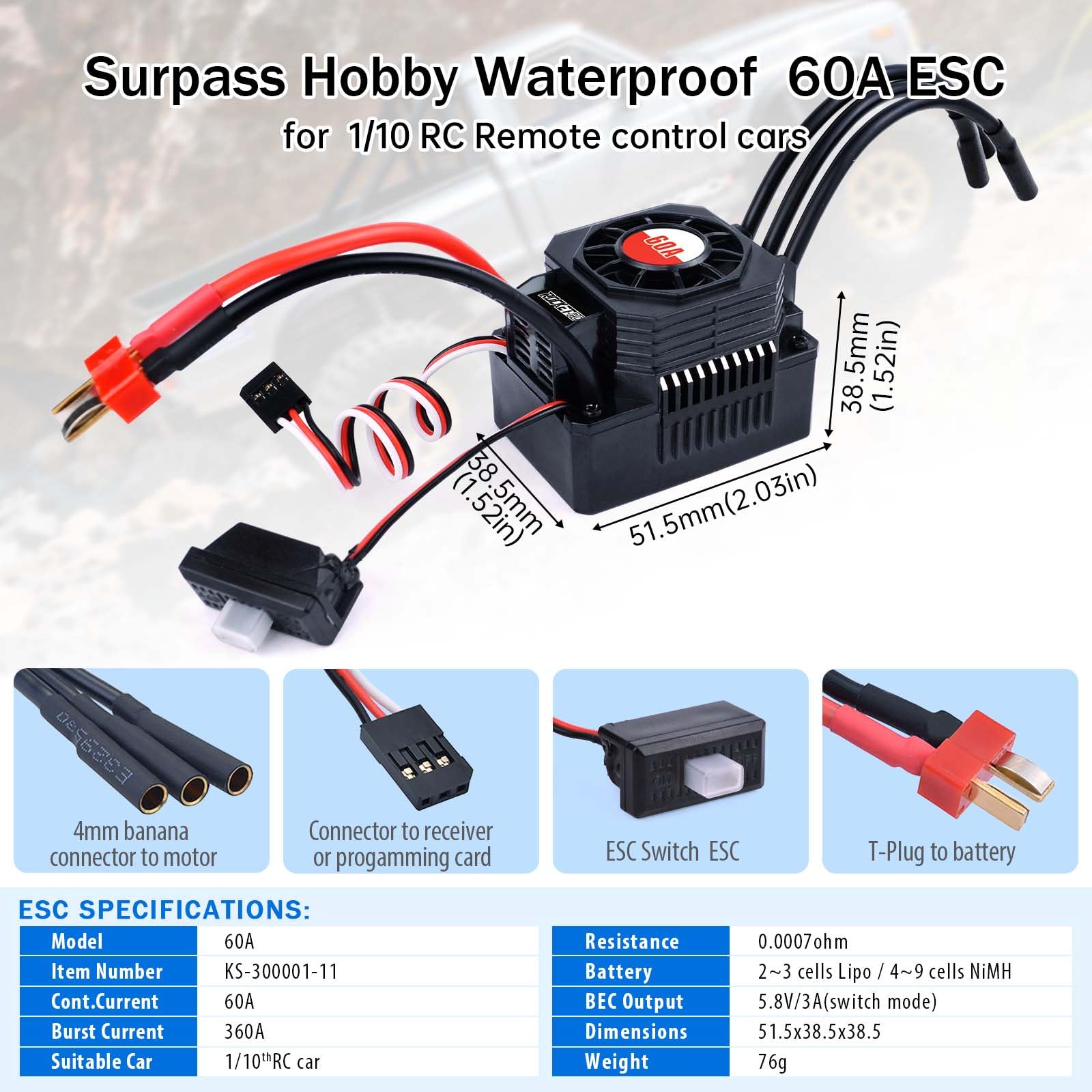 Surpass Hobby Contrôleur de vitesse électronique ESC sans balais 60 A étanche pour voiture 1/10 RC camion tout-terrain