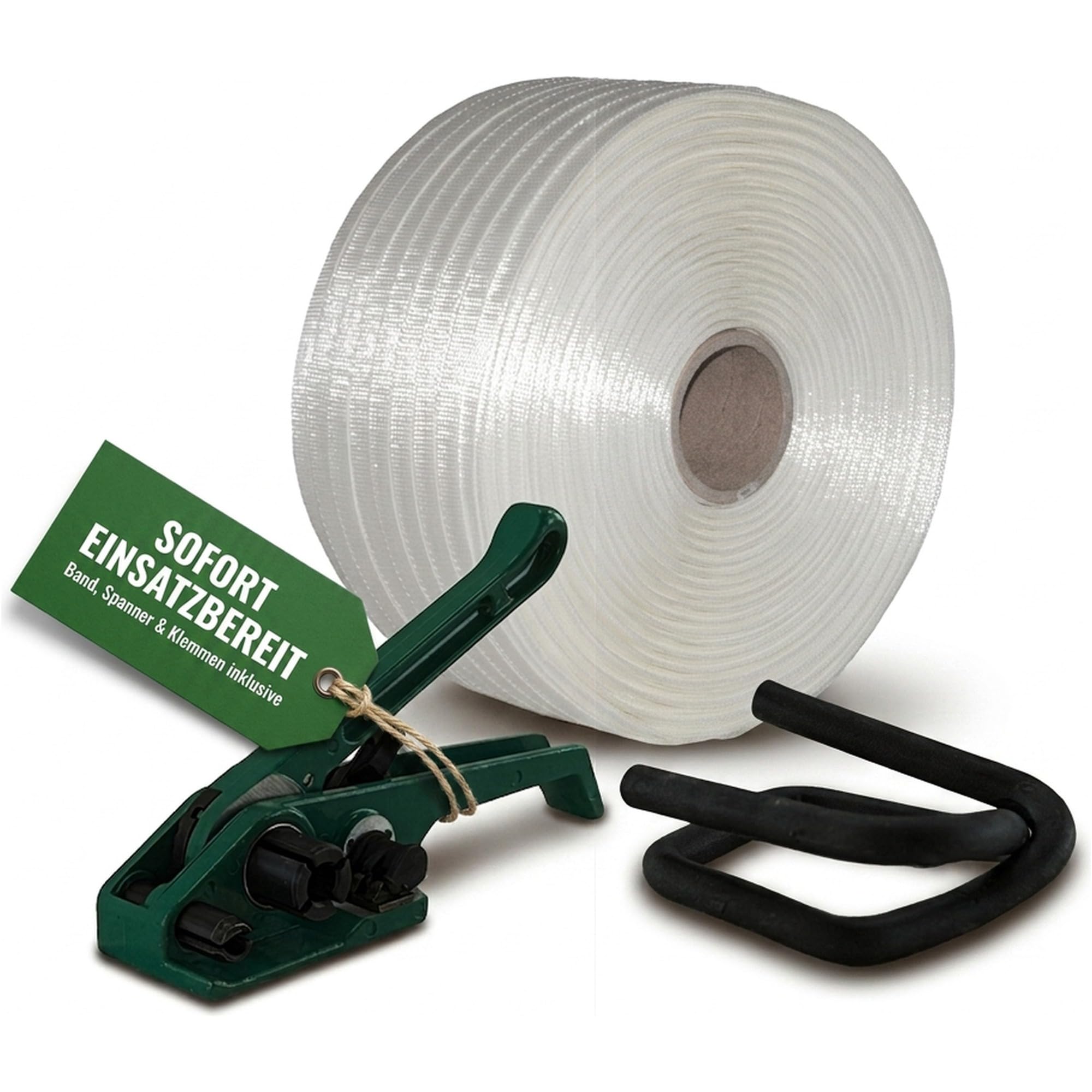 KK Verpackungen Umreifungsset Textil gewebt 19 mm | 400 m Polyesterband 975 kg HD Reißfestigkeit | Bandspanner 9-19 mm, 100 Verschlussklemmen phosphatiert | Umreifungsband für PP und Textilband