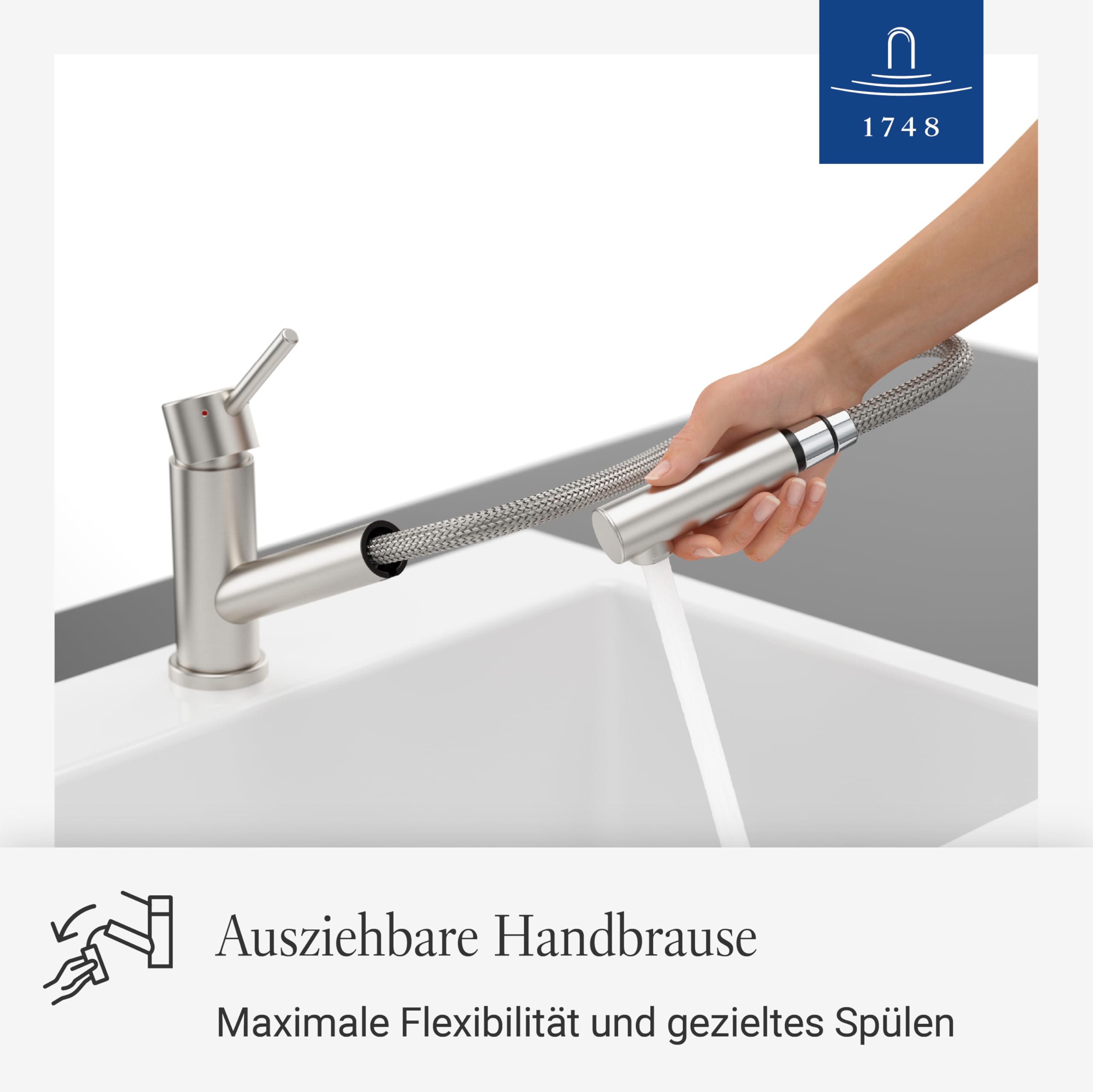 Villeroy & Boch Como Shower Küchenarmatur, Hochdruck, Wasserhahn Küche mit ausziehbarer Brause und 120° Schwenkbereich, Spültischarmatur wassersparend, Auslauf Höhe 120mm, Edelstahl massiv