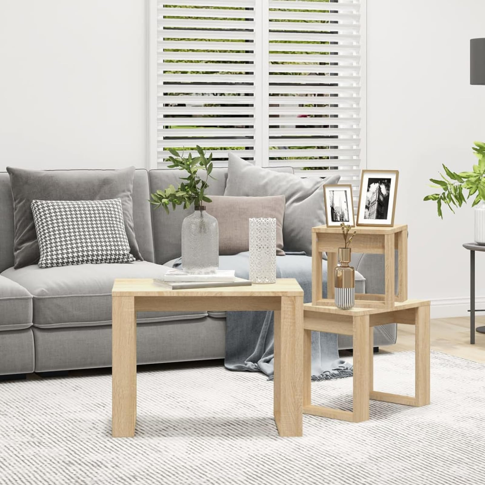 Brokky Mesas apilables 3 pzas Madera contrachapada Color Roble Sonoma Juego De 3 Mesas Auxiliares Anidadas