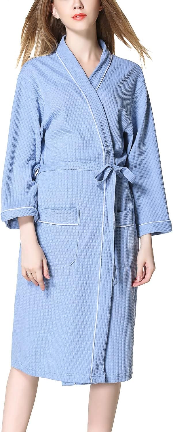 Lu's Chic Women's Waffle Robes Lightweight Wave Mid Length Bathrobe Belted Spa Robe Sleepwear