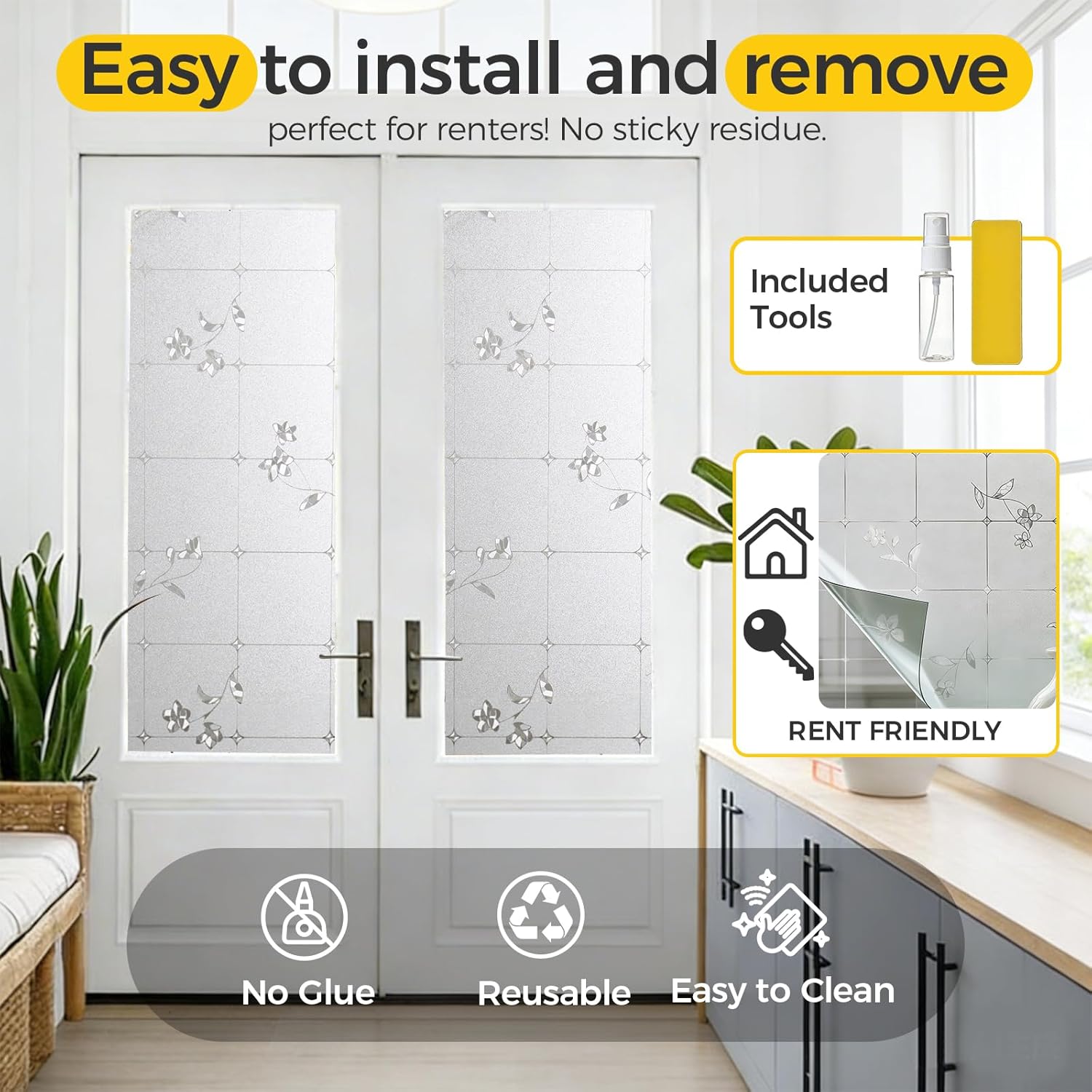 OHTMERU Window Privacy Film Decorative for Front Door, Bathroom Static Cling Stained Glass Sticker Opaque Heat Control UV Blocking Non-Adhesive for Home Windows,Fresh Flower 23.6 X 78.7 inches