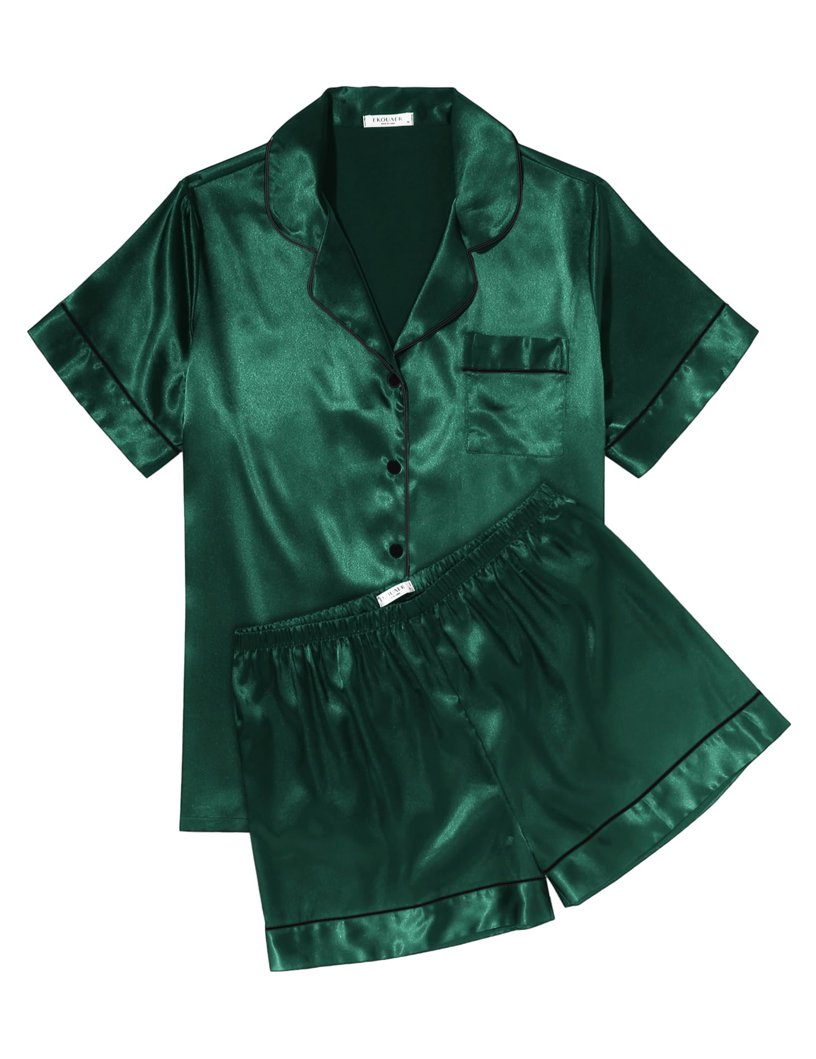EkouaerWomens Silk Satin Pajama Sets Soft Short Sleeve Button Down Sleepwear Top and Shorts 2 Piece Pjs Lounge Set S-XXL