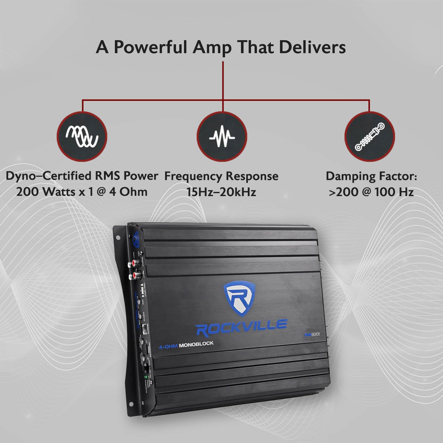 Rockville RVA600.1 Mono Car Amplifier, 1200W Peak, 200W Dyno-Certified RMS @ 4 Ohm, Class-AB, With Bass Remote, Perfect for Subwoofers and Car Audio