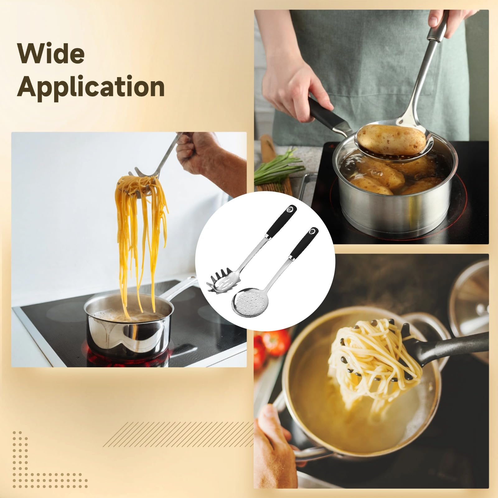Lot de 2 cuillères à pâtes en acier inoxydable, écumoirs à spaghetti à tête ronde, poignée ergonomique antidérapante avec manche isolé, outils de cuisine pratiques pour égoutter les aliments et servir