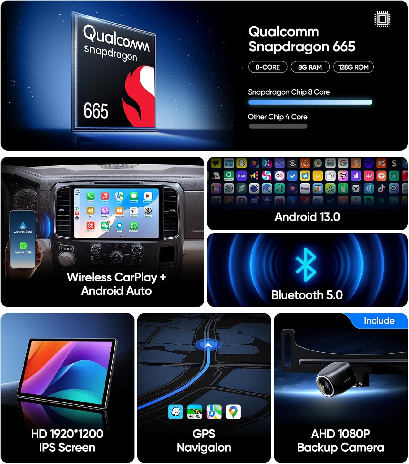 13.1 inch Car Radio Stereo for Dodge Ram 1500/2500/3500 2013-2018,Android 13 Touch Screen with 1080P Backup Camera,Wireless CarPlay,Android Auto,WiFi/GPS Navigation/BT/FM/SWC (Fit for 2013-2018)