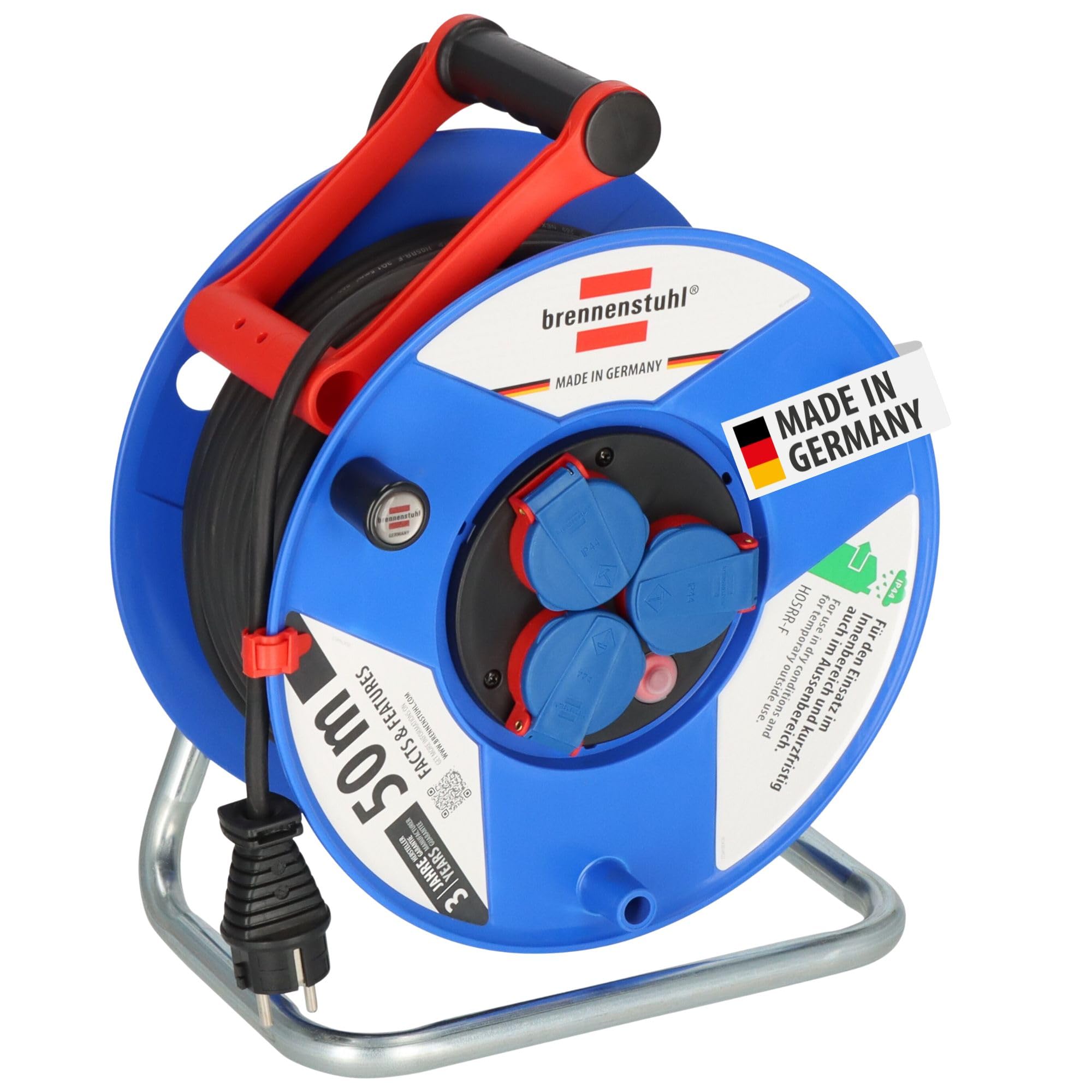 Brennenstuhl 1208230 50m H05RR-F 3G1,5 Garant Enrouleur de câble IP44, Rouge/Noir/Bleu