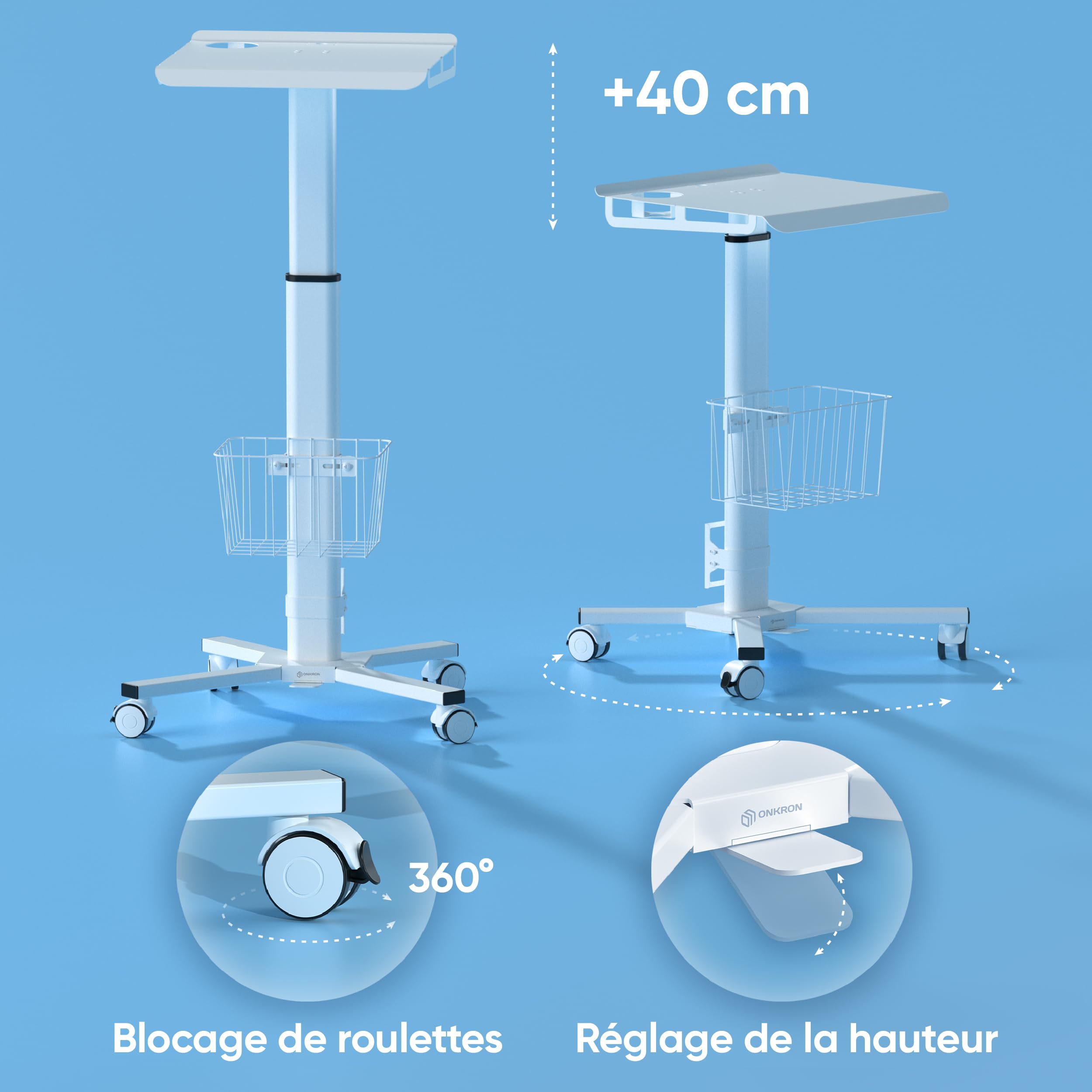 ONKRON Petit Bureau roulettes Charge Optimale 8 kg, Table Roulante pour Lit Medicale, Poste de Travail Réglable en Hauteur, Table Ordinateur Portable, Bureau Petit Espace avec Rangement Blanc LMG30-W