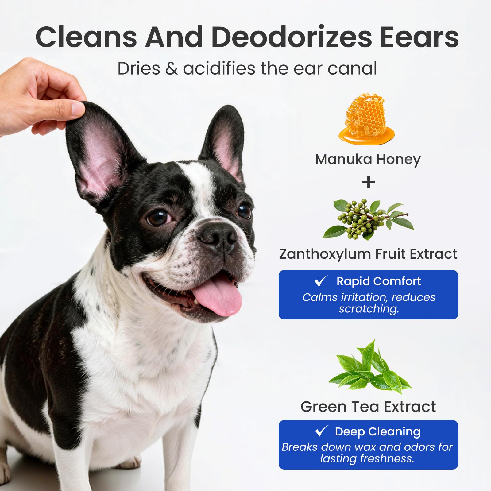 Itch Relief Ear Cleaner for Dogs & Cats Natural Gentle Formula with Manuka Honey & Green Tea - Triple Botanical Wash for Infection & Yeast Prevention, PH Balanced No-Sting 8.45 oz - image 2