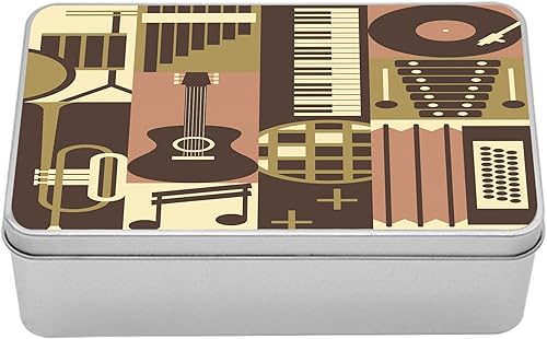 Ambesonne Caja de lata musical, gráfico creativo de instrumentos musicales vintage, guitarra, piano, batería, caja de almacenamiento rectangular