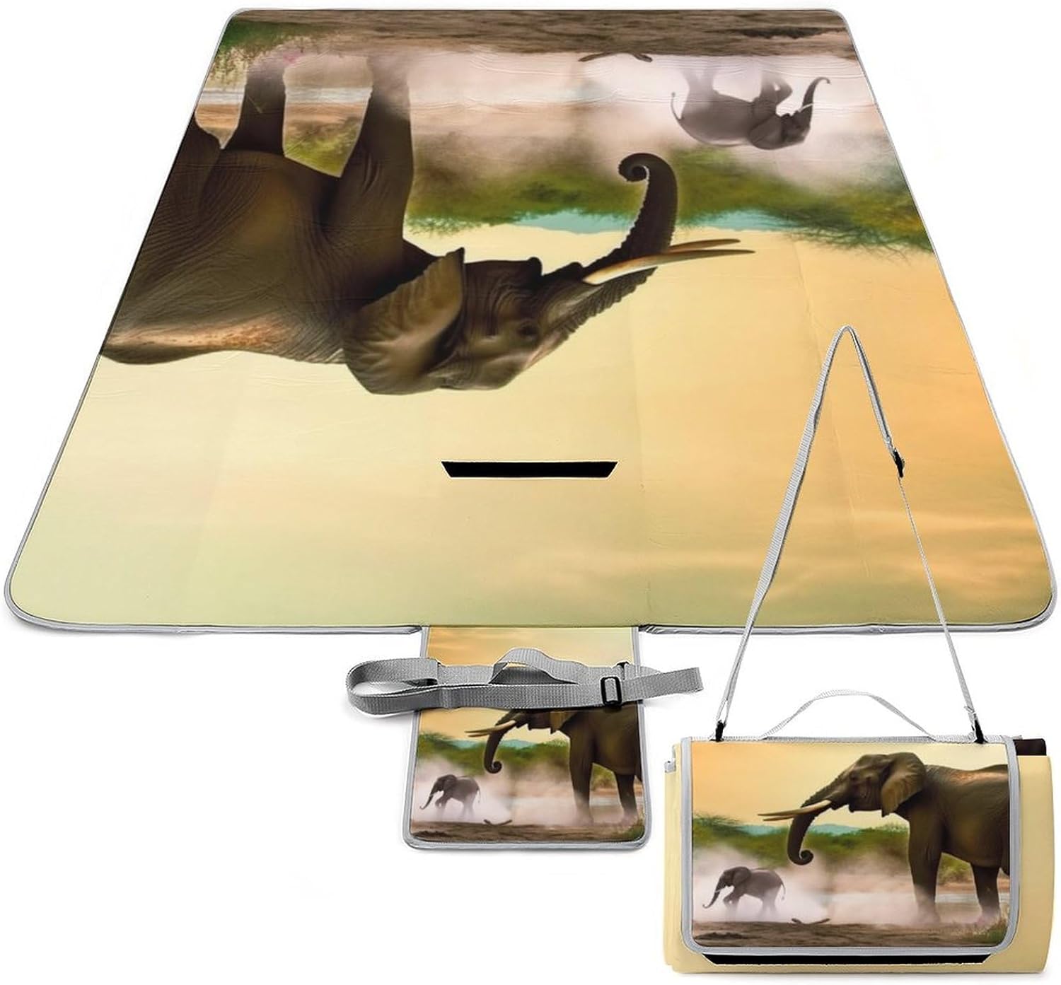 Africa Elephant Waterproof Picnic Blanket 58.3''x58.3'',Portable and Foldable Picnic Mat with Handle,Outdoor Blankets for Lawn Park Beach Travel