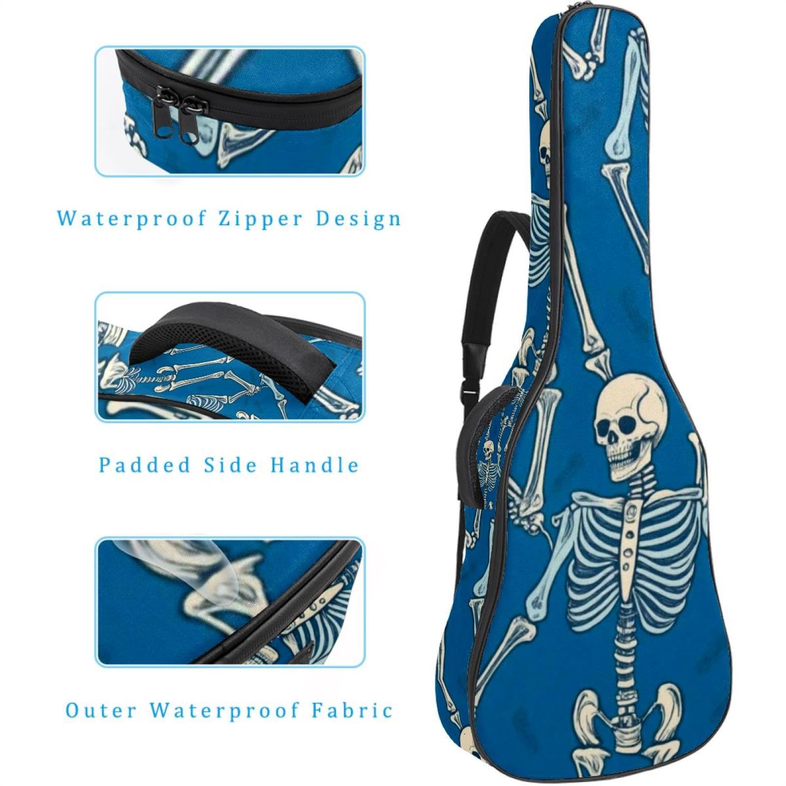 Art Blue Skull Shelf 41 106,7 cm Akustikgitarrentasche mit verstellbarem Schultergurt, Gitarrentasche mit Rückenaufhänger, geeignet für E-Gitarren, Bassgitarren, klassische Gitarren, Ukulele, Art Blue