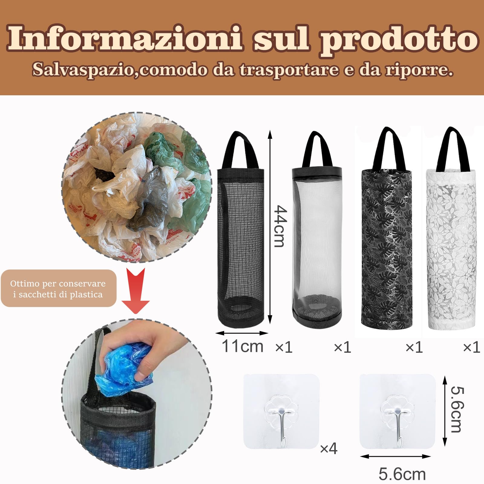 Porta Sacchetti Spazzatura Da Appendere | 4 Pezzi Con Ganci Per Cucina E Bagno - Organizza Buste Di Plastica