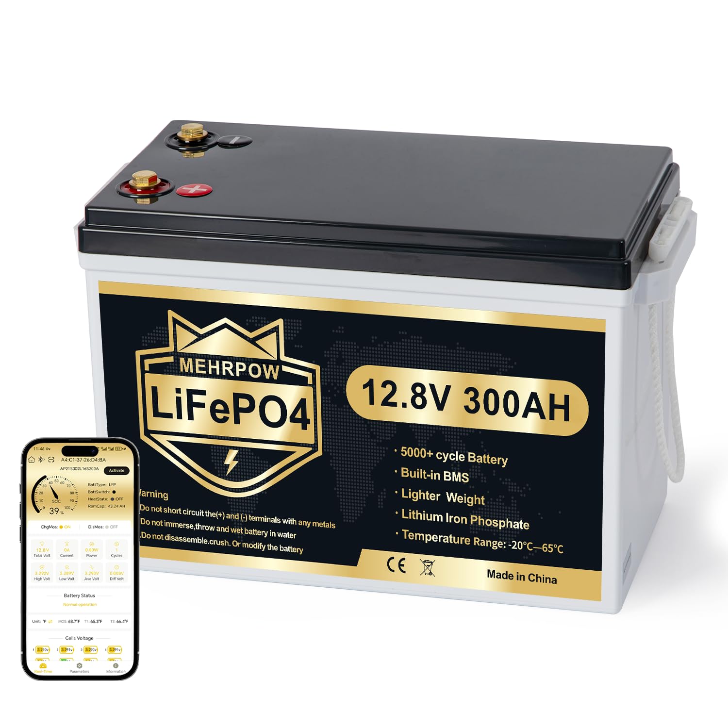 12V 300Ah LiFePO4 Lithium Batterie mit Bluetooth, 200A BMS, bis zu 15000 Zyklen, max. 3840Wh, Low Temp Cut Off, Deep Cycle, Mini Design, für Wohnmobil, Solar, Trolling Motor