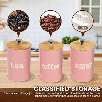 3Pcs Tea Coffee Sugar Canisters 9.5×15.5cm Metal Kitchen Storage Set with Airtight Bamboo Lid Countertop Round Food Storage Containers Pots Jars Decorative Tins for Beans Flour Spice(Pink)